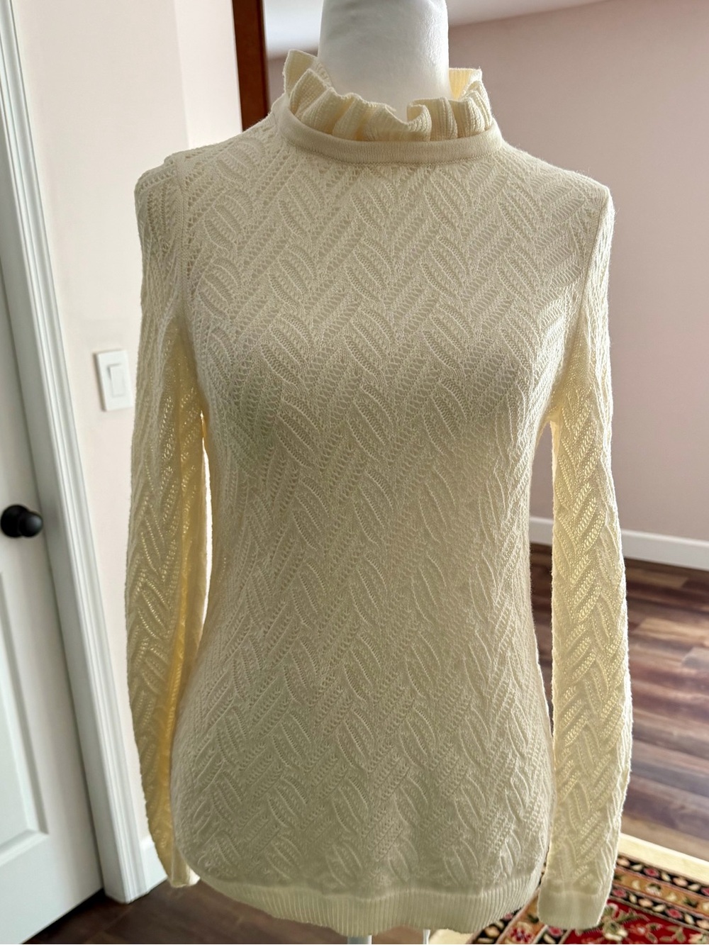 Talbots Women's Cream Ruffle Neck Knit Sweater